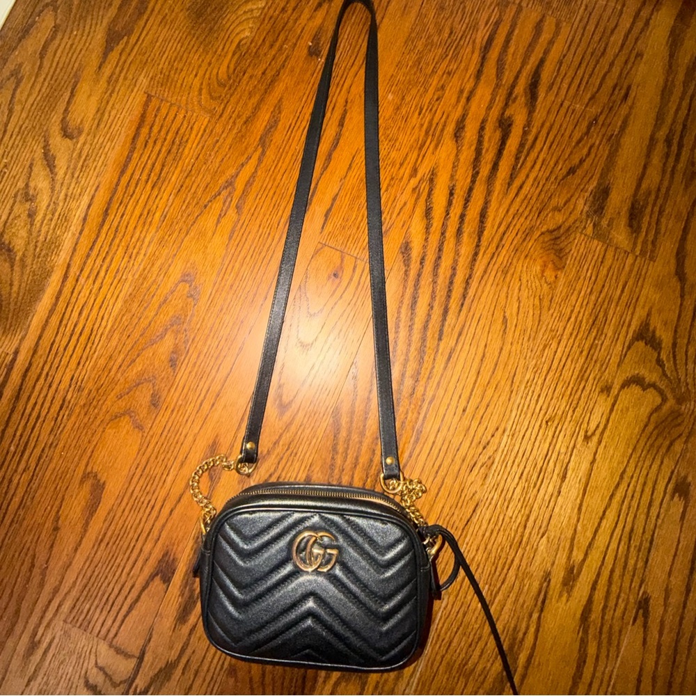 Gucci Black Quilted Leather GG Crossbody with Gold Hardware